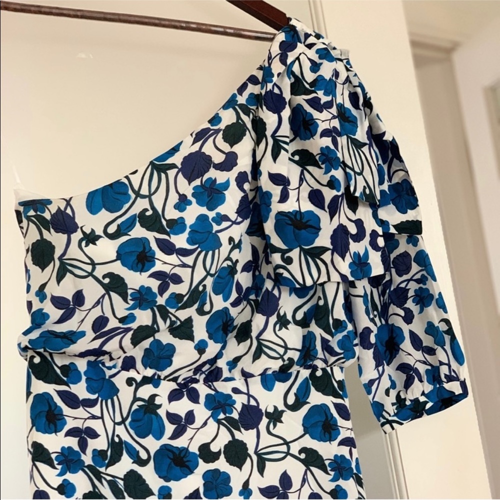 Saloni Blue and White One Shoulder Cocktail Dress